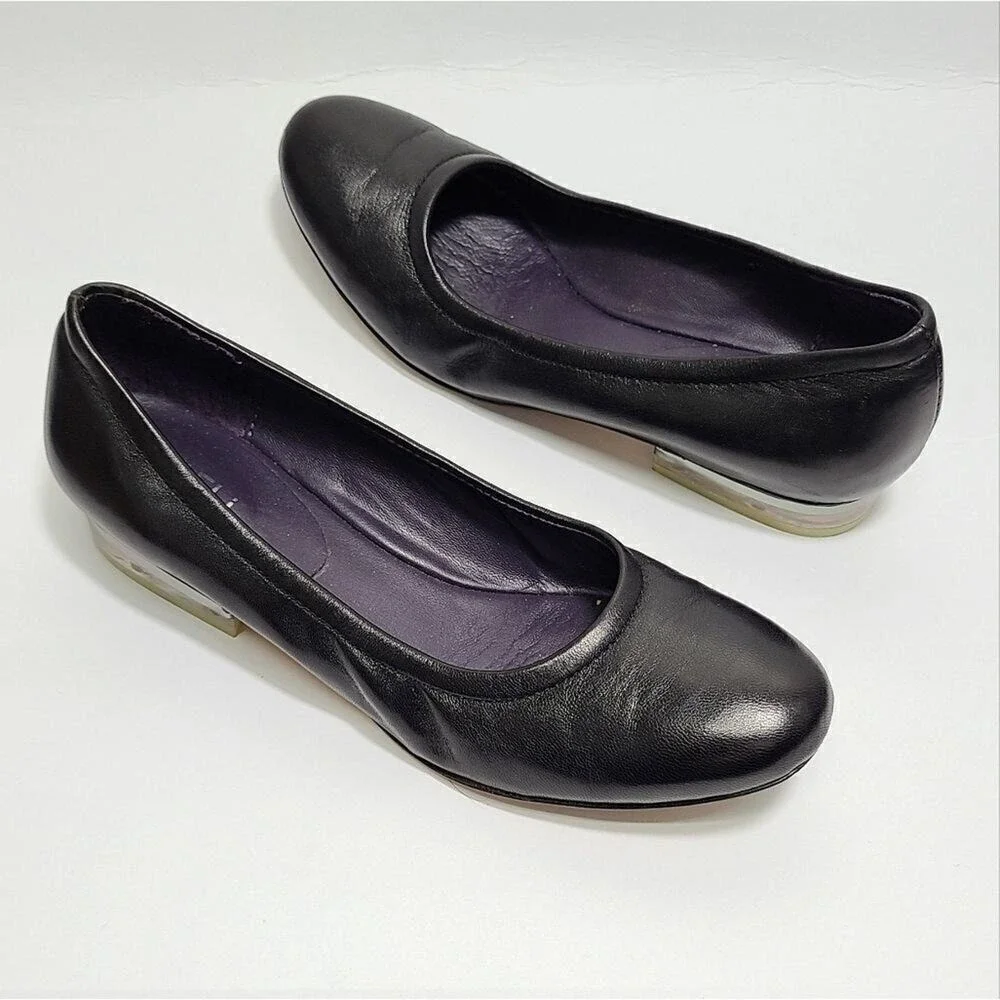 Vaneli Black Leather Round‎ Toe Ballet Flats Clear Lucite Block Heel Size 6.5